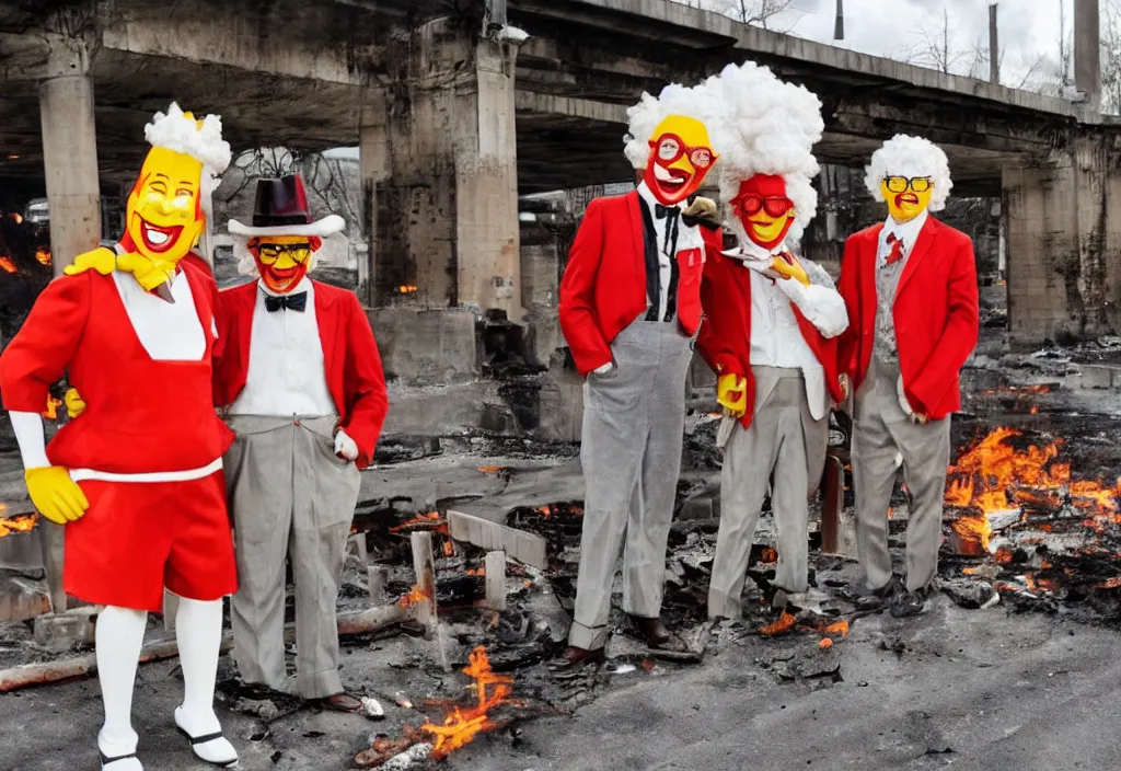 Image similar to Ronald McDonald and Colonel Sanders are hobos standing next to burning barrel under a bridge