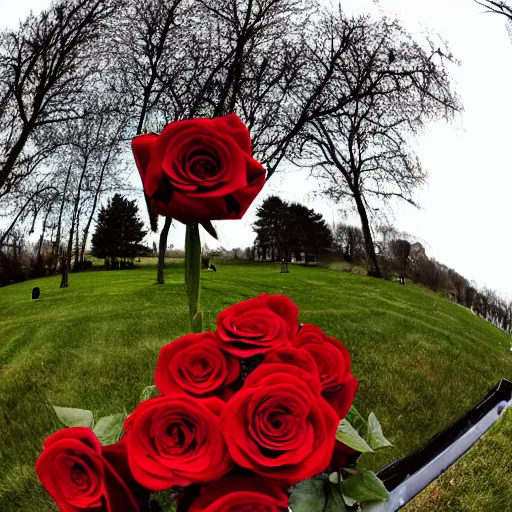 Image similar to red roses, on a grave, fisheye photo, dark