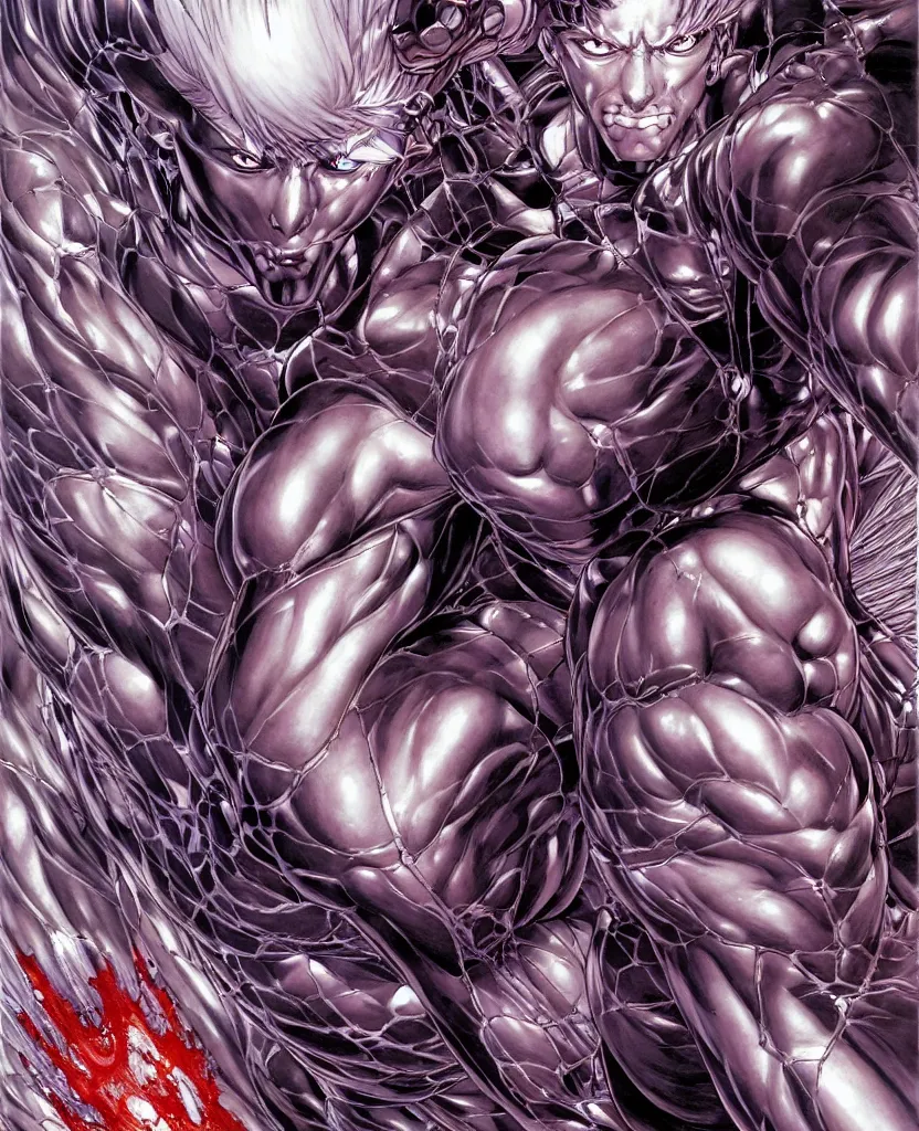 Image similar to symmetrical. realistic detailed image of muscular body, realistic detailed male character, kaworu nagisa, depth perception, masterpiece, depth of field, action horror, gothic, vivid colors. art by yoshitaka amano, by yukito kishiro, by yoshiyuki sadamoto, by artgerm, by hajime sorayama