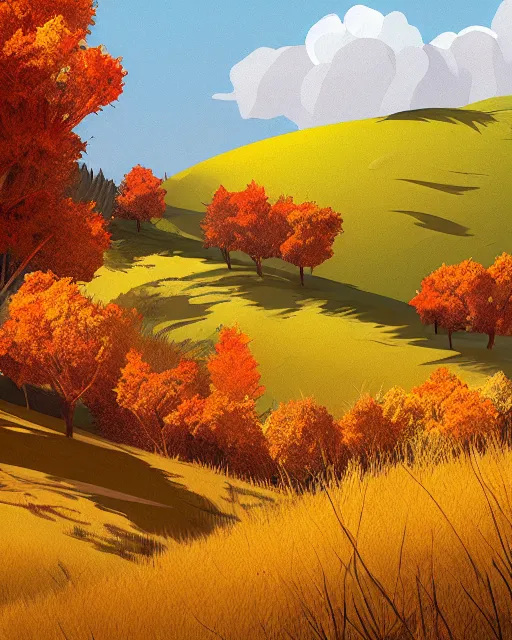 Image similar to autumn hillside boy hiking illustration detailed, by pedro kruger