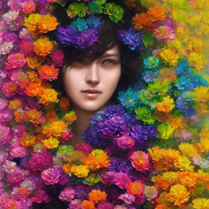 Prompt: portrait of women hugging made of colorful rainbow fractal flowers hugging , closeup character portrait art by Donato Giancola, Craig Mullins, digital art, trending on artstation