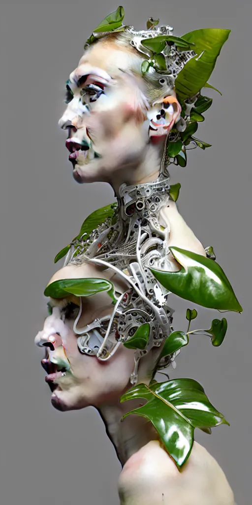 Image similar to complex 3d render ultra detailed of a beautiful porcelain profile woman face, mechanical vegetal cyborg, robotic parts, 150 mm, beautiful studio soft light, 3 point lighting, spot light, rim light, silver gold red details, luxurious, high tech gadget, cyberpunk, magnolia big filigran leaves and stems, roots, Alexander Mcqueen haute couture, fine foliage lace, lumiol, mesh wire, filigran metallic intricate details, hyperrealistic, mandelbrot fractal, anatomical, silver metal armor, facial muscles, cable electric wires, microchip, elegant, beautiful background, beautiful white teeth, octane render, H.R. Giger style, 8k