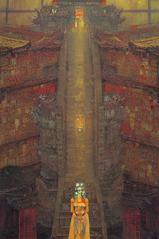 Image similar to cyberpunk chinese ancient castle, fantasy, painting by Gustav Klimt, greg rutkowski and alphonse mucha