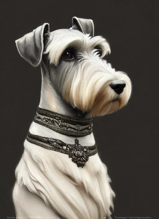 Image similar to portrait of stoic looking miniature schnauzer, black fir, white eyebrows, fantasy, intricate, elegant, highly detailed, centered, dark, smoke, digital painting, artstation, concept art, smooth, sharp focus, illustration, art by artgerm and greg rutkowski and alphonse mucha