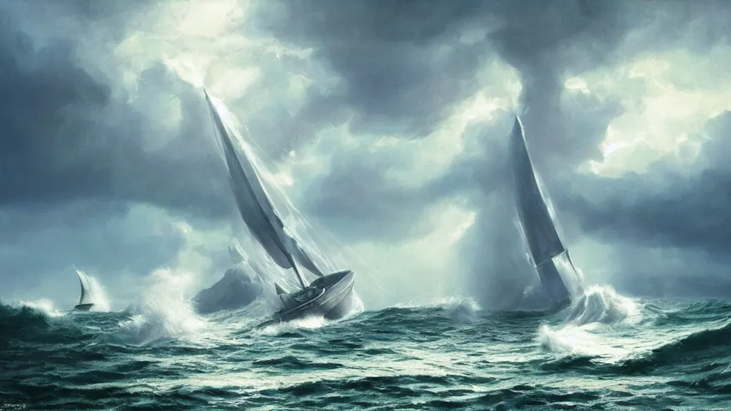 Prompt: small sail boat in the foreground. massive giant wet kitten coming out of a stormy sea, giant waves, sunbeams in background, intricate, detailed, volumetric lighting, sharp focus, scenery, photorealism, digital painting, highly detailed, concept art, by roger dean and ruan jia and steve mccurry