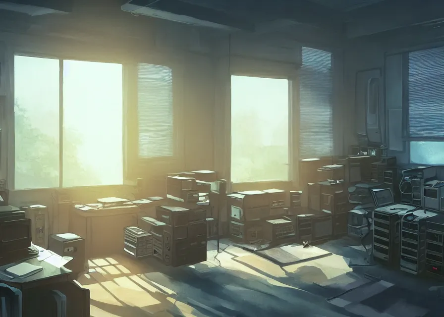 Image similar to interior of a room with old pc computers stacked on a desk and trees outside the window, makoto shinkai, dusty, matte painting