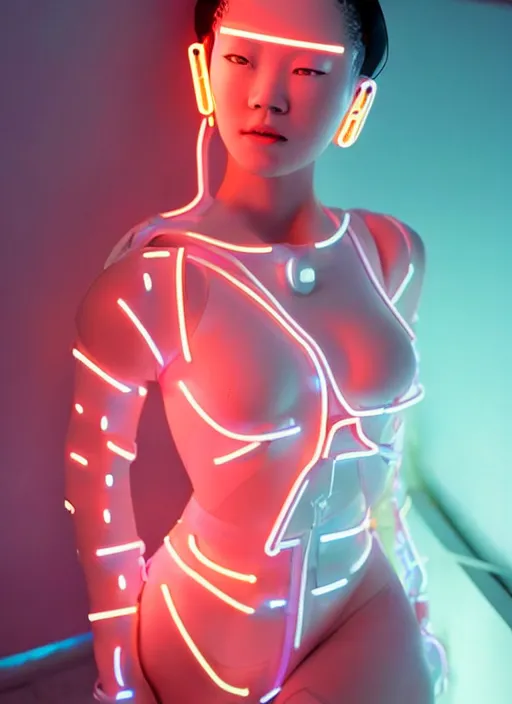 Image similar to an asian female humanoid with freckled cheeks, cyber neon lighting, futurism, intricate futuristic led lit jewelry, cyberpunk glossy white latex swimwear, profile posing, hyper photorealistic, crispy quality, digital photography, trending in artstation, trending in pinterest, cinematic, 4 k ultra hd, art by pascal blanche, art by greg rutkowski,