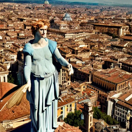 Image similar to An Angel from a Michelangelo painting flies over the cityscape of Rome. He looks tired. Filmed in the style of Wim Wenders. Cinematic, 50mm, highly intricate in technicolor