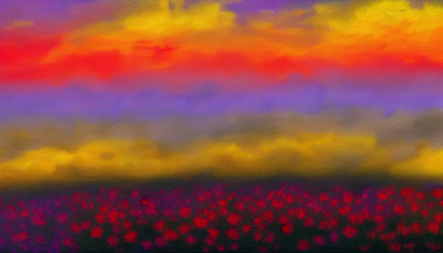 Prompt: white bones background, black violets, yellow-red sky, impressionism