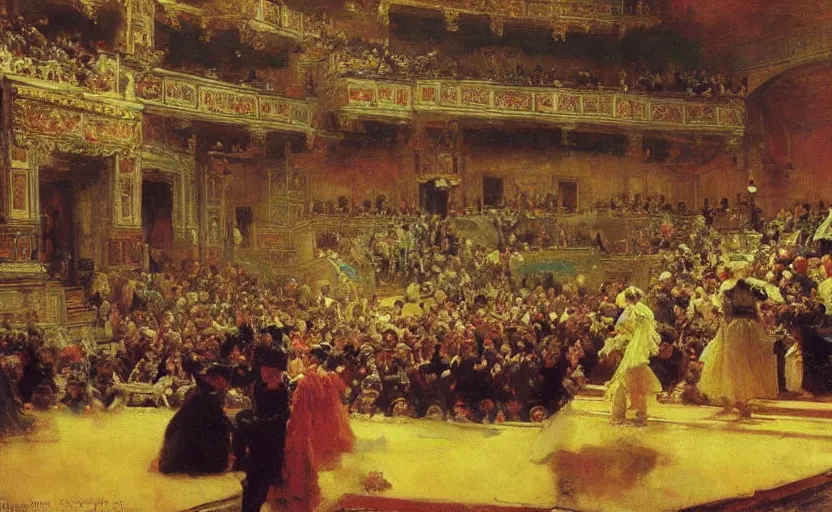 Prompt: high quality high detail painting by ilya repin, establishing shot of a theater show, hd