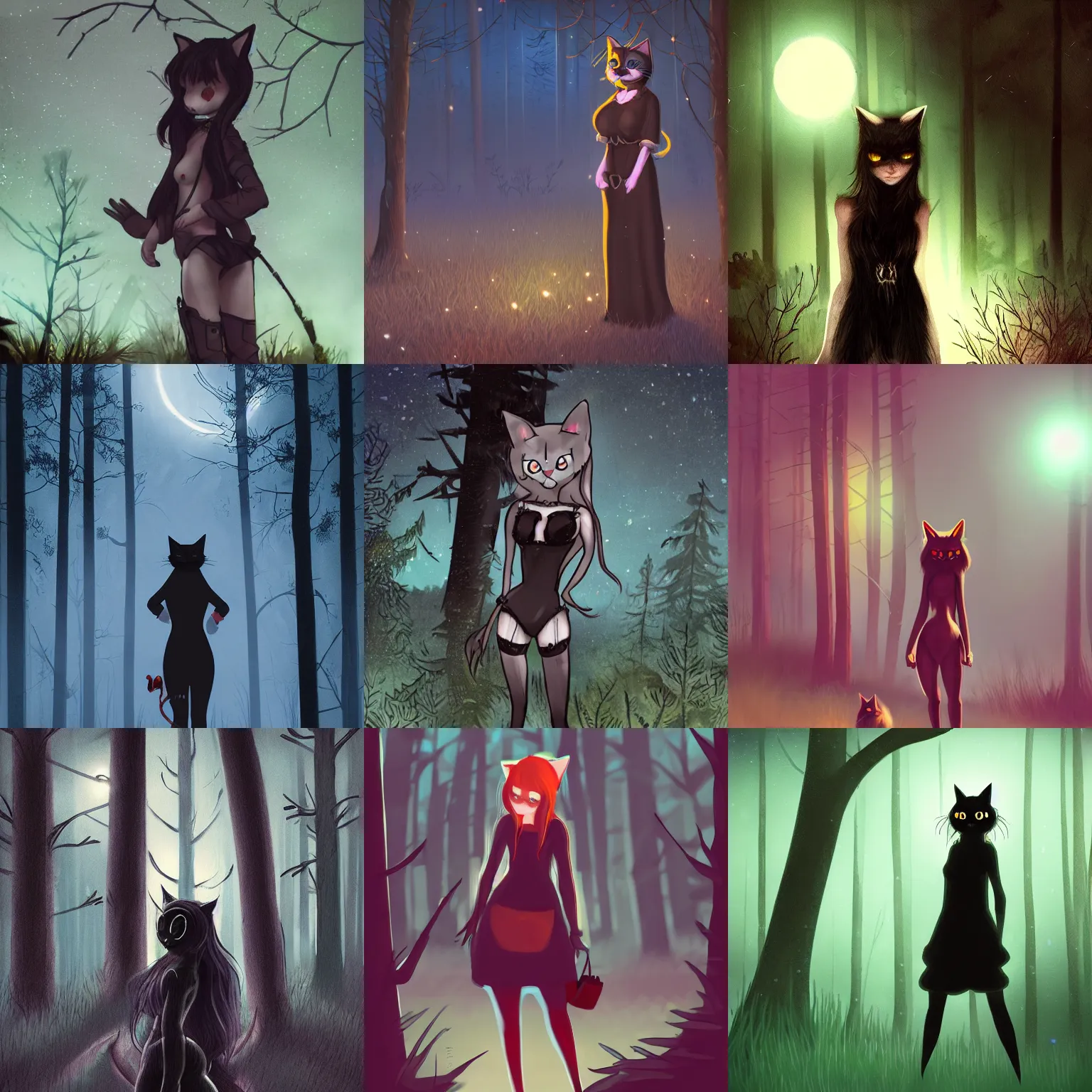 Prompt: a catgirl caught on midnight trail cam, night, tall trees, morbid, uncanny, artstation