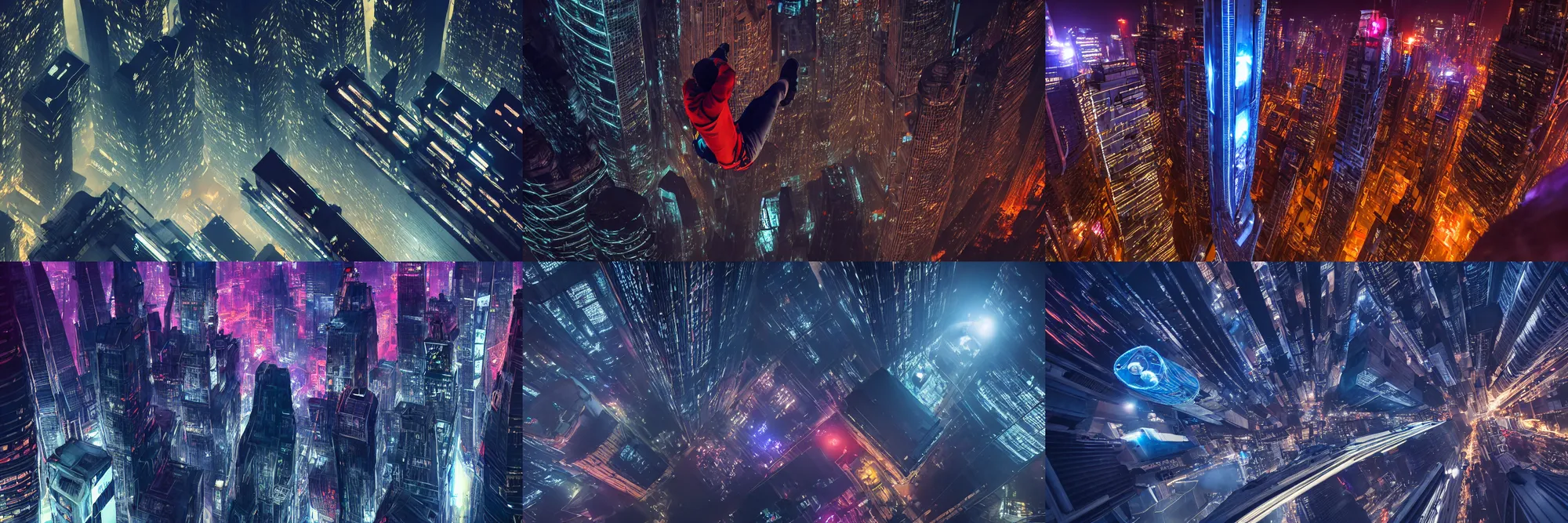 Prompt: An arial view of a man climbing a tall building rooftopping roofing, in a cybernetic sci-fi city at night, neon, led screens, haze, concept art by xuteng pan Albert Ramon Puig Masashi Imagawa straight down vertical photography wide shot Vadim Makhorov Vitaliy Raskalov 8k 4k artstationhd artstationhq artstation matte painting