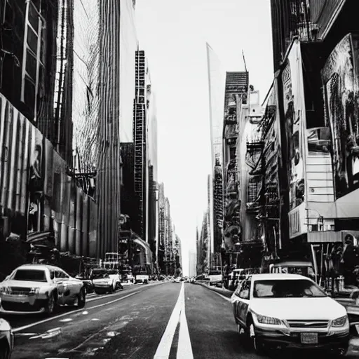 Prompt: a view of apocalyptic new york street from perspective of car window