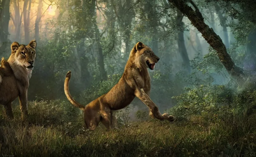 Image similar to a lioness hunting a wolf in a magical forest. painting, fantasy, fur shader, dramatic lighting, dawn, 8 k, sharp focus, global illumination, paid artwork, portfolio, detailed and intricate environment