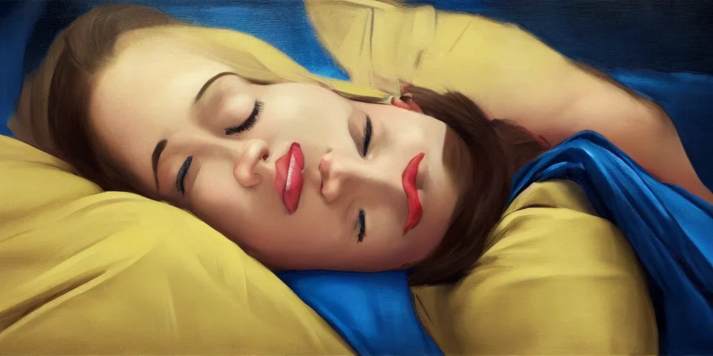 Image similar to beautiful oil matte portrait painting, young woman with closed eyes lying on a red bedsheet with blue pillows wearing a mustard yellow dress, detailed face, wonderful masterpiece, highly detailed, beautiful cinematic light, deep focus, elegant, digital painting, smooth, sharp focus, golden ratio, dramatic illumination, ultra realistic, 8 k, art by jimmy law and caravaggio