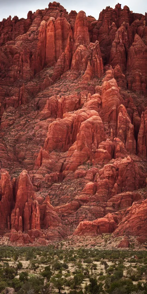 Image similar to an atmospheric film still by Ridley Scott with a huge towering dark gothic cathedral carved out of rock at the top of a red rock canyon