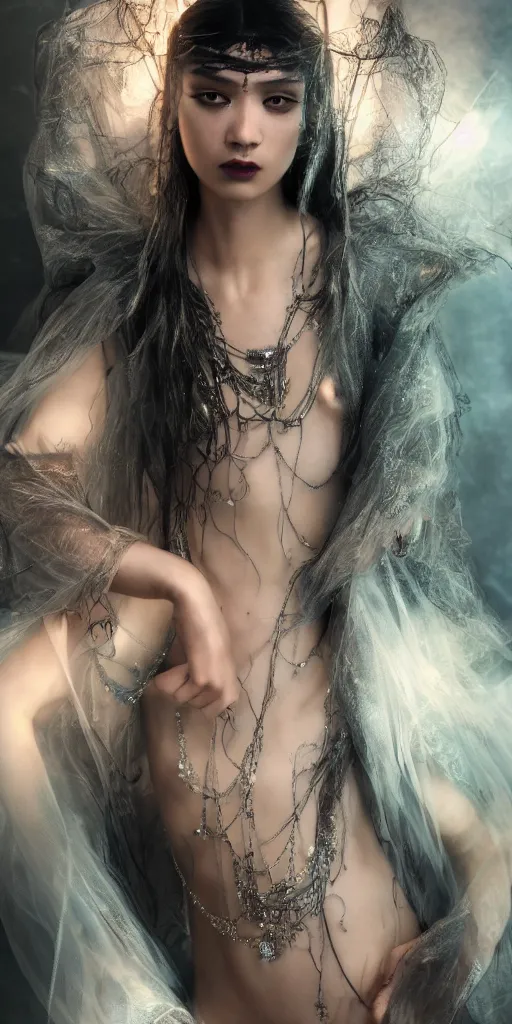 Image similar to hyperrealistic futuristic high fashion photography, girl in studio, by luis royo, asian, vogue magazine, nomad masterpiece, neon lights, smoke, covered in veils, beautiful intricate face and flawless skin, tribal jewelry, tattoos, by Edgar Maxence and Ross Tran and Michael Whelan, 8k, octane render