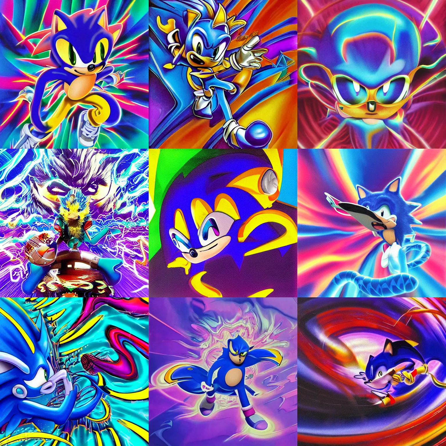 Prompt: surreal, sharp, detailed professional, high quality portrait sonic airbrush art MGMT album cover portrait of a liquid dissolving LSD DMT blue sonic the hedgehog surfing through cyberspace, purple checkerboard background, 1990s 1992 Sega Genesis video game album cover