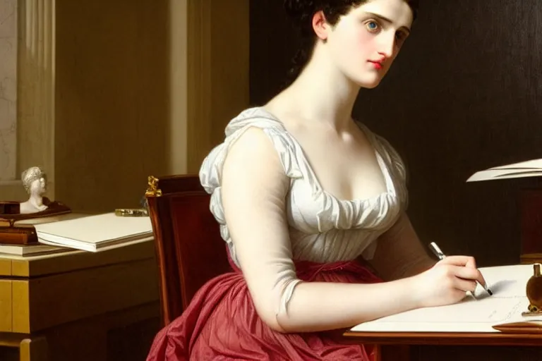 Image similar to 1 8 1 0 s katie mcgrath writing at her desk by vittorio reggianini, bright godray lighting, perfectly detailed eyes, colorful clothes, beautiful hands, pale skin, clear face