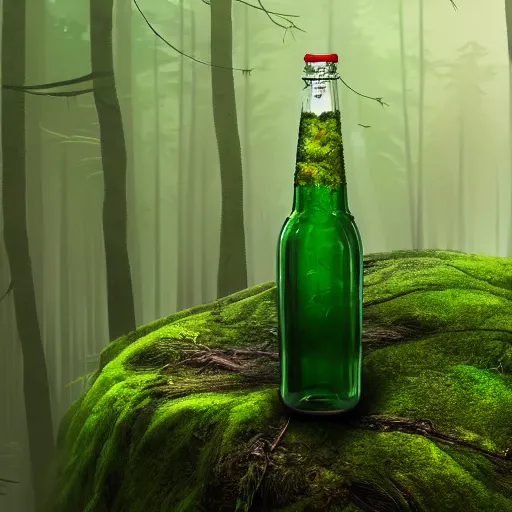 Image similar to a green eldritch coke bottle in an overgrown forest viewed from the sky by Marek Okon, god rays, fantasy art, 4k, HDR, photorealistic, 8k, trending on artstation