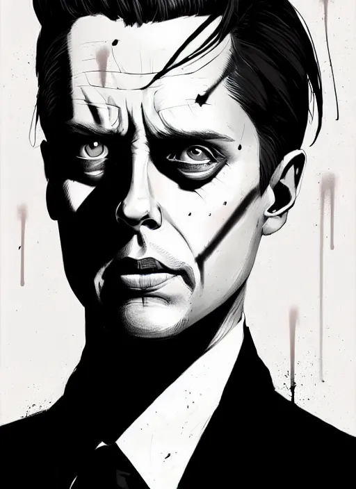 Image similar to highly detailed closeup portrait of sinister martin wallstrom, tyrell wellick, slick back hair wearing suit by atey ghailan, by greg rutkowski, by greg tocchini, by james gilleard, by joe fenton, by kaethe butcher, gradient blue, black and white only color scheme, grunge aesthetic!!! ( ( graffiti tag wall background ) )