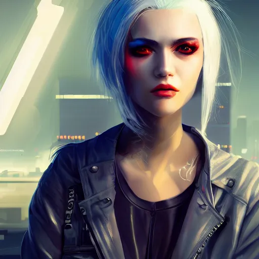 Prompt: A beautiful cyberpunk painting of a female hacker with white hair and yellow eyes by Wlop and ZeD, beautiful face, leather jacket, trending on artstation, pixiv, 4k, HDR, unreal engine