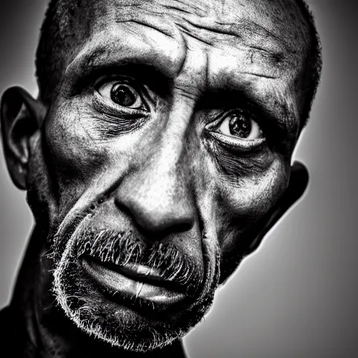 Image similar to a mentally ill black German man, thin, sad, post processing, portrait, realistic, award winning photo 8k