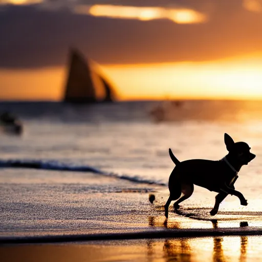 Image similar to high quality action photograph of a black and tan chihuahua running along a beach at sunset, boats in the background, golden hour, beautiful light, seaside, seashore, 2 0 0 mm, f 4, canon, nikon, flickr, 5 0 0 px, behance, award winning photograph