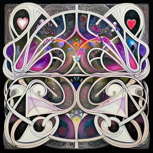 Prompt: a collision of exploding black hearts and white hearts in abstract form of an endlessly long and winding path through a fantasy village, vivid vibrant geometric art nouveau. trending on pixiv and artstation. an absurdly detailed oil painting. as a fancy square tile