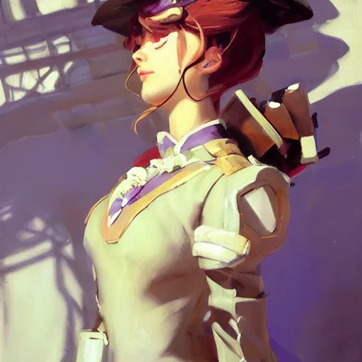 Image similar to greg manchess portrait painting of violet evergarden as overwatch character, totally whack, medium shot, asymmetrical, profile picture, organic painting, sunny day, matte painting, bold shapes, hard edges, street art, trending on artstation, by huang guangjian and gil elvgren and sachin teng