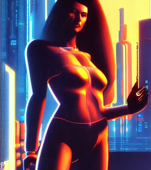 Image similar to cable plugged in, side of head, very very beautiful woman, cyberdeck computer terminal, street level night city, 1 9 7 9 omni magazine cover, style by vincent di fate, artgerm, cyberpunk 2 0 7 7, very coherent, detailed, 4 k resolution, unreal engine, daz