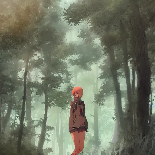 Image similar to anime character in the woods, hyperrealistic, trending on pixiv fanbox, painted by greg rutkowski makoto shinkai takashi takeuchi studio ghibli, akihiko yoshida