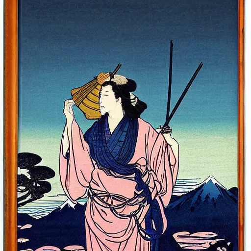 Image similar to Tucker Carlson The Goddess of Nature in a desert, by Hokusai and James Gurney