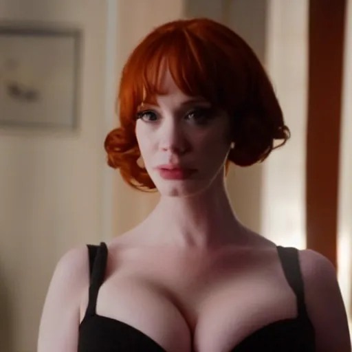 Image similar to a very surprised looking beautiful christina hendricks in a miniskirt in the living room, film still from the movie directed by denis villeneuve, wide lens