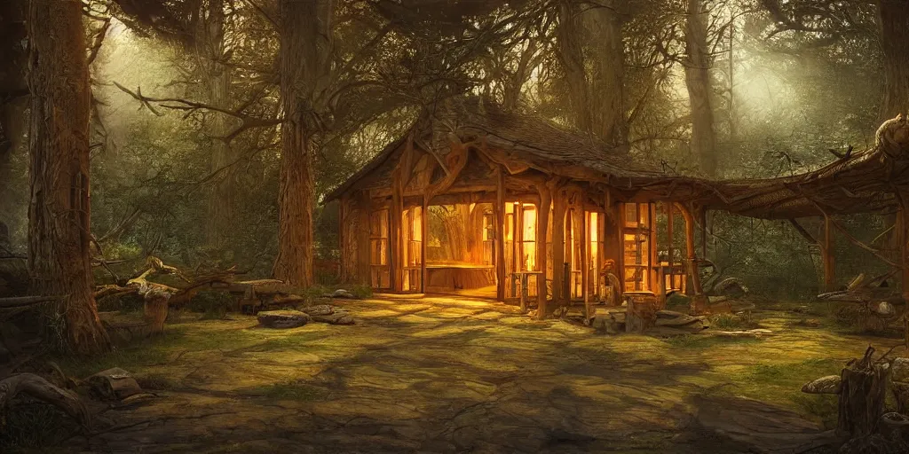 Image similar to artwork of the timber retreat, by john howe & tim white & les edwards, exquisite lighting, clear focus, highly detailed, cinematic view, trending on artstation, exquisite