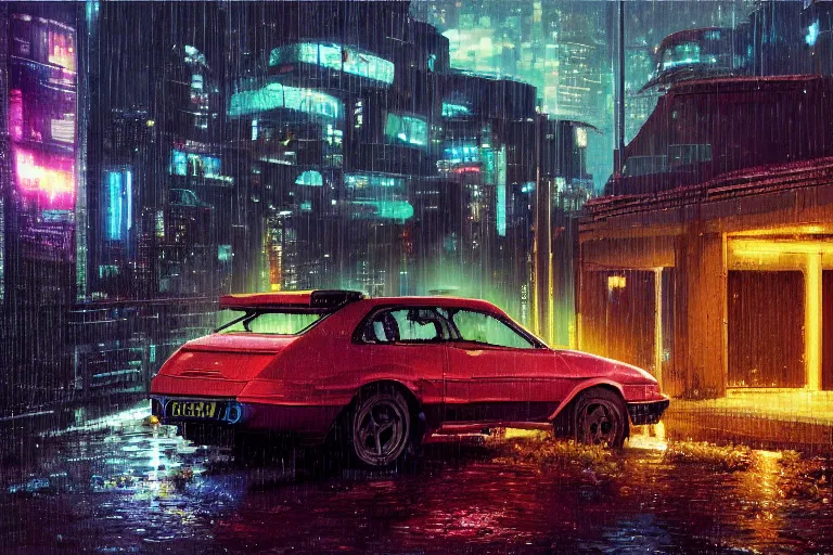 Prompt: cyberpunk, an estate agent listing photo, external view of a detached city house in the UK, cityscape, it's night time, raining, old car, by Paul Lehr, highly detailed, photorealistic, unreal engine, 8k, anamorphic, cinestill cinematrography