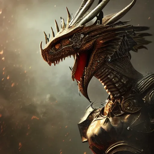Prompt: highly detailed realistic stunning close up shot of a beautiful anthropomorphic female knight but as a dragon, doing a hot majestic pose, well designed female dragon head, armor made of steel, sharp claws, HD octane render, epic cinematography, fantasy, Artstation, Deviantart, Furaffinity