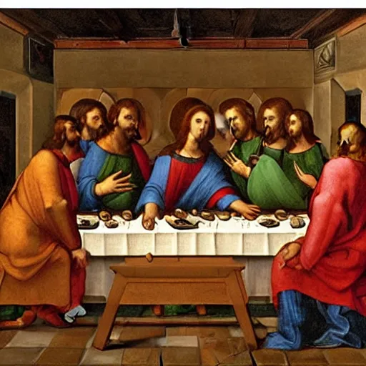 Prompt: robots in the last supper raphael