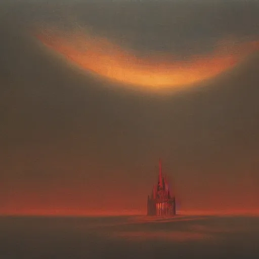 Prompt: an ominous gigantic cathedral, made by Beksinski, red sky above it, 8k,