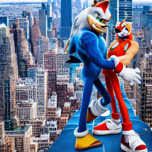 Prompt: a very high definition portrait of sonic and dwayne the rock johnson on top of a skyscraper in new york, 4k, hdr, pretty