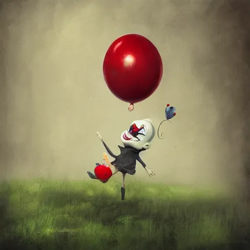 Image similar to grunge cartoon landscape painting of bilie eilish with a wide smile and a red balloon by - michal karcz, loony toons style, pennywise style, horror theme, detailed, elegant, intricate