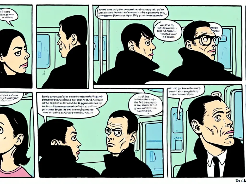 Image similar to a single comic panel by Daniel Clowes, 3/4 low angle view wide shot of two people sitting in an empty Chicago subway train, in front of windows: a sad Aubrey Plaza in a parka and a friendly Mads Mikkelsen in a suit