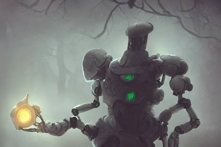 Image similar to a robotic tree humanoid, cute, dark fantasy, foggy, misty, ambient lights, dark lights, moon glow, digital art, video game character, league of legends, glows,