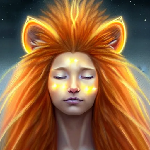 Image similar to Portrait of a girl angel with pale orange colored frizzy strands of illuminated hair, Lion essence, cat ears on her head, glowing halo, Lion's Mane, Cosmic, Lion's Gate, 8/8, fantasy, intricate, elegant, highly detailed, digital painting, artstation, concept art, smooth, sharp focus, illustration, art by Krenz Cushart and Artem Demura and alphonse mucha