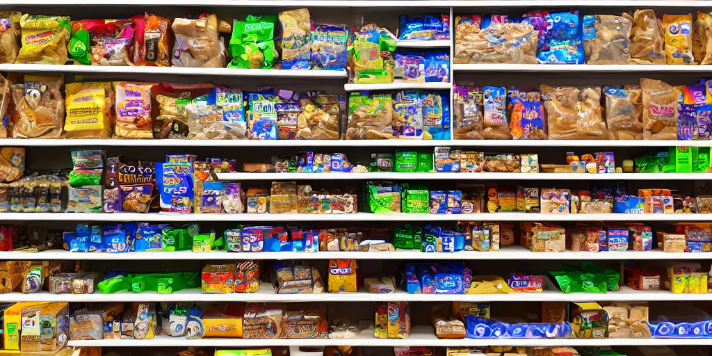 Prompt: Shelves lined with snacks, 4K texture for Unity, photorealistic