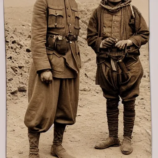 Prompt: a detailed photorealistic sepia - toned photo of a 1 9 1 7 clean - shaven british lieutenant and soldiers standing with a bedouin trader and a young arab boy, ultra realistic, painted, intricate details, lovecraft, atmospheric, dark, horror, brooding, highly detailed, by clyde caldwell