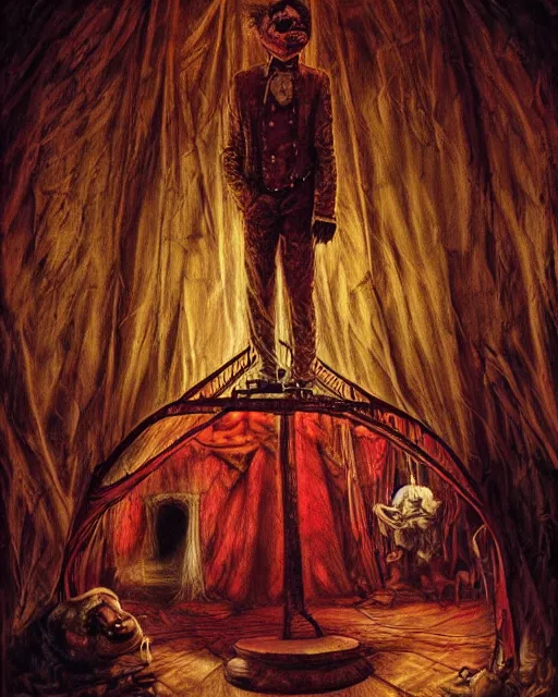 Image similar to the little circus of horrors, circus tent, clown standing at the entrance, creepy, hyper realistic, ambient lighting, horror art, intricate, hyper detailed, smooth