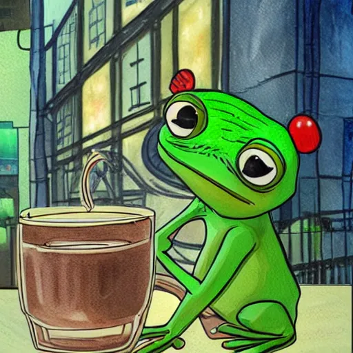 Prompt: pepe the frog offering coffee - composition : dynamic lighting, depth details, intricate, asymmetric, proportion, highly quality, balance, unity, extremely highly detailed. by bambang nurdianshyah ( face details and background ) garis edelweiss ( lighting ) roby dwi antono ( character and big details ) kira ayn varszegi ( small details )