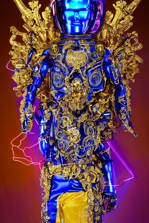 Image similar to full-body sculpture of a young handsome Colombiano prince as a half cibernetic android with a glowing blue battery in his chest, white laser beam coming out of his eyes, crown of giant diamonds, flowing neon-colored silk, fabric, raptors, in a cyperbunk and baroque style. baroque elements. full-length view. baroque element. intricate artwork by caravaggio. many many birds birds on background. Trending on artstation, octane render, cinematic lighting from the right, hyper realism, octane render, 8k, depth of field, 3D