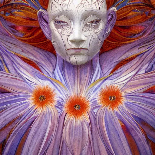 Prompt: masterpiece painting of a facemask made of stylized flowers, by annie swynnerton and jean delville and tino rodriguez and john watkiss, flower mask, art deco shaman, symbolist, dramatic lighting, god rays, elaborate geometric ornament, photorealism, modern realism, clean crisp graphics, soft cool colors, smooth, sharp focus, extremely detailed
